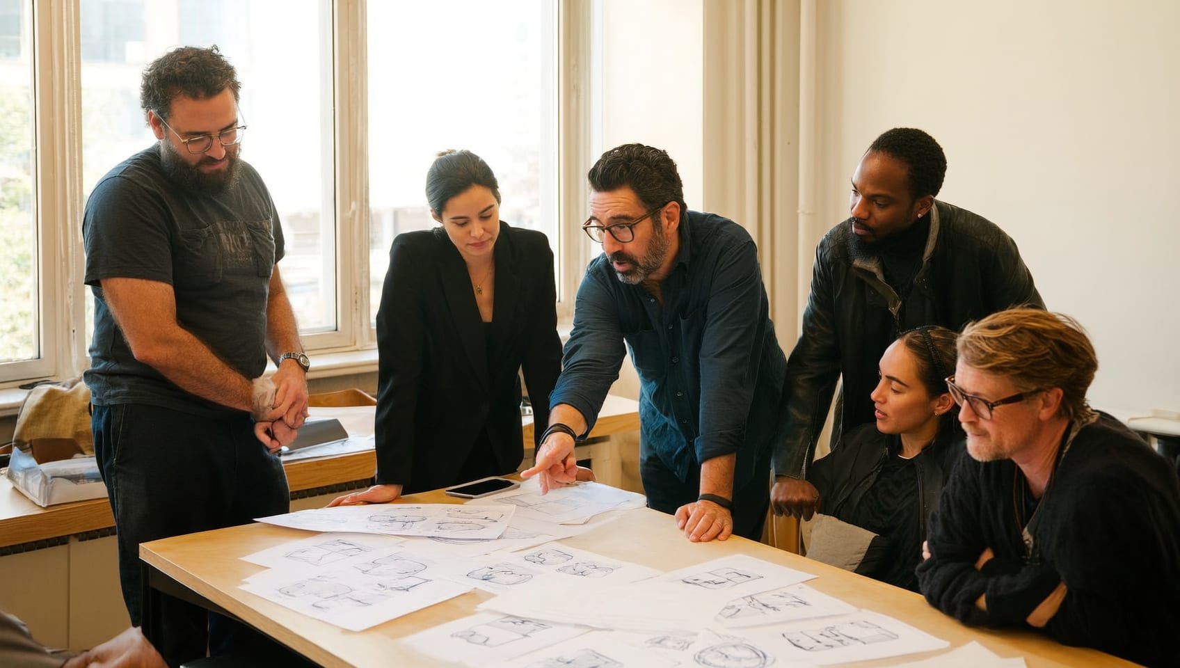 A production team gathered around printed storyboards and a treatment at the start of a project