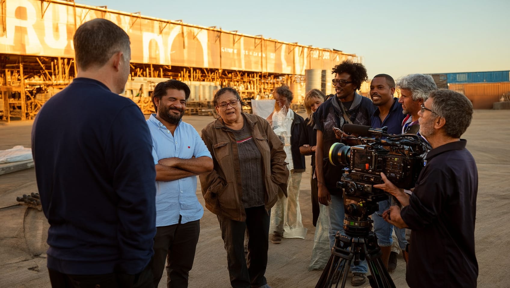A film crew interviewing a subject on location outside a working facility at golden hour