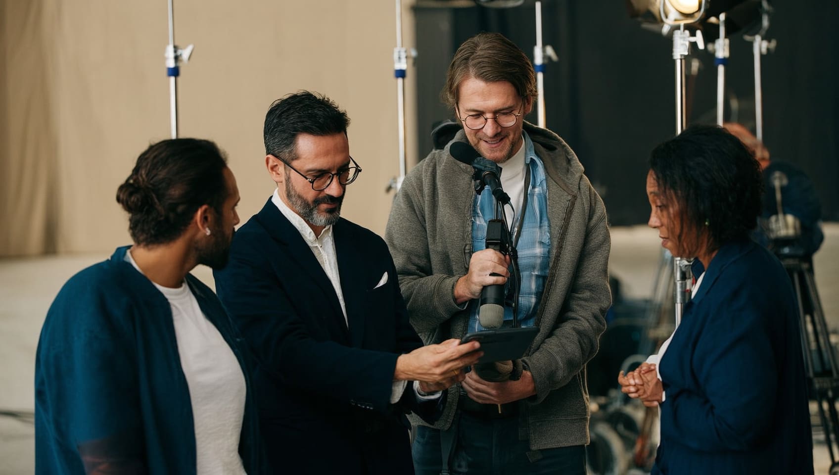Director and crew reviewing a shot together on a monitor between takes