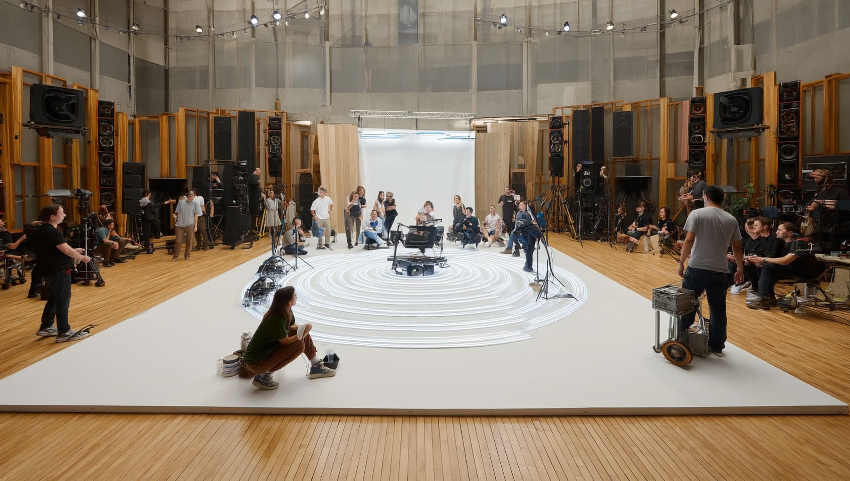 Crew building an in-the-round set on a sound stage rigged with lights and speakers