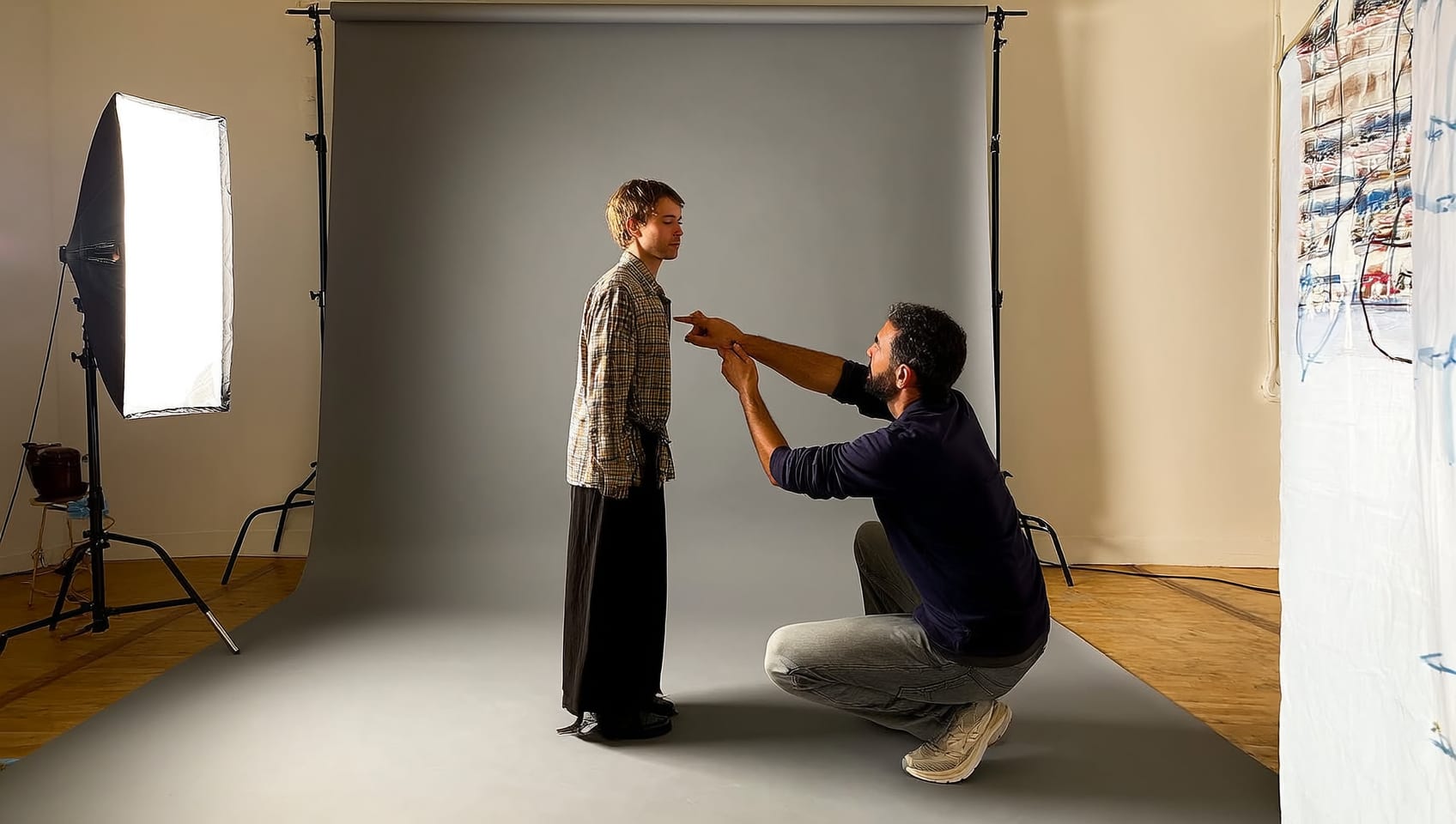 Photographer directing a subject during a studio portrait session against a seamless backdrop